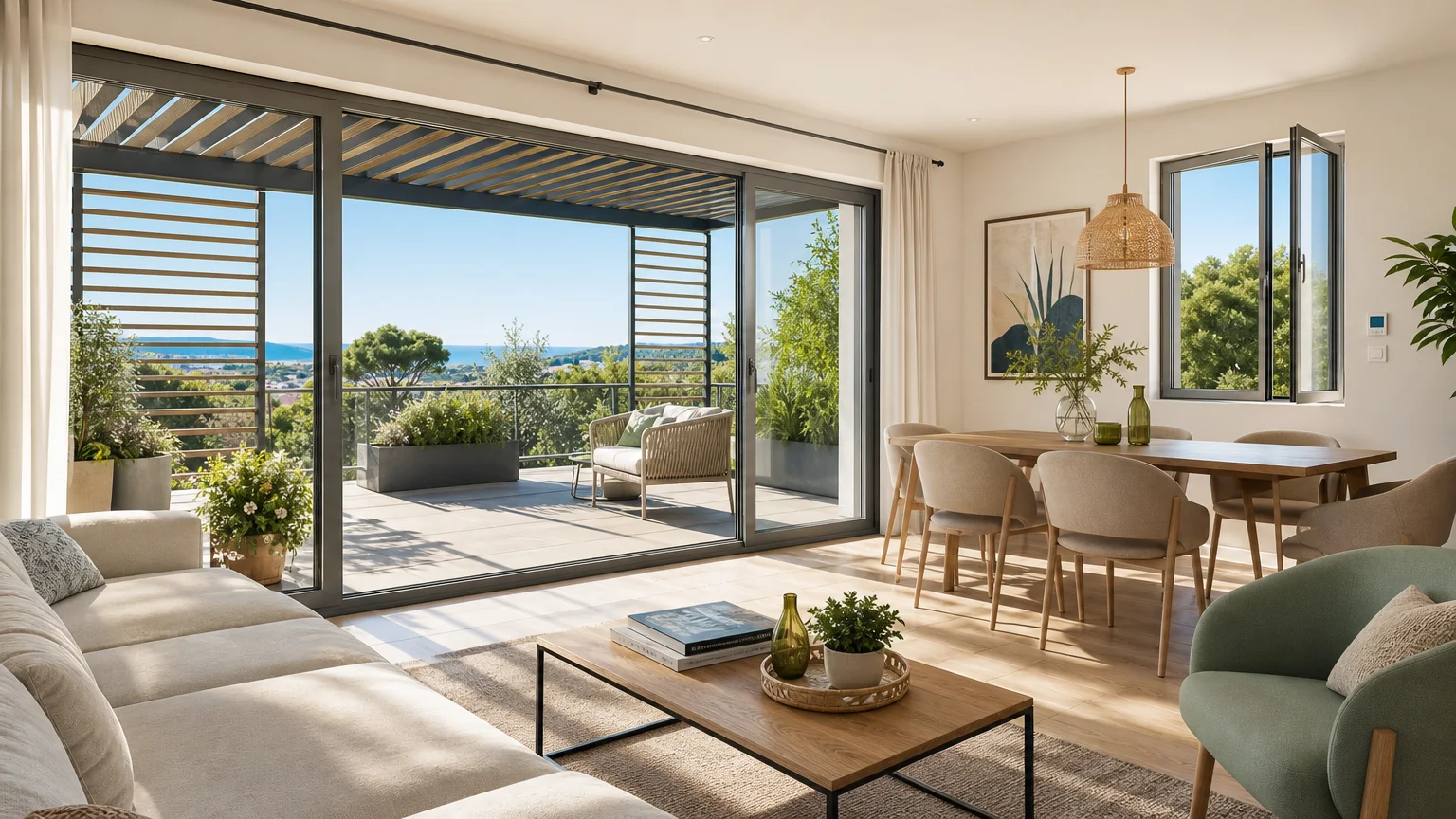 Séjour lumineux d’un logement neuf avec protections solaires et terrasse végétalisée