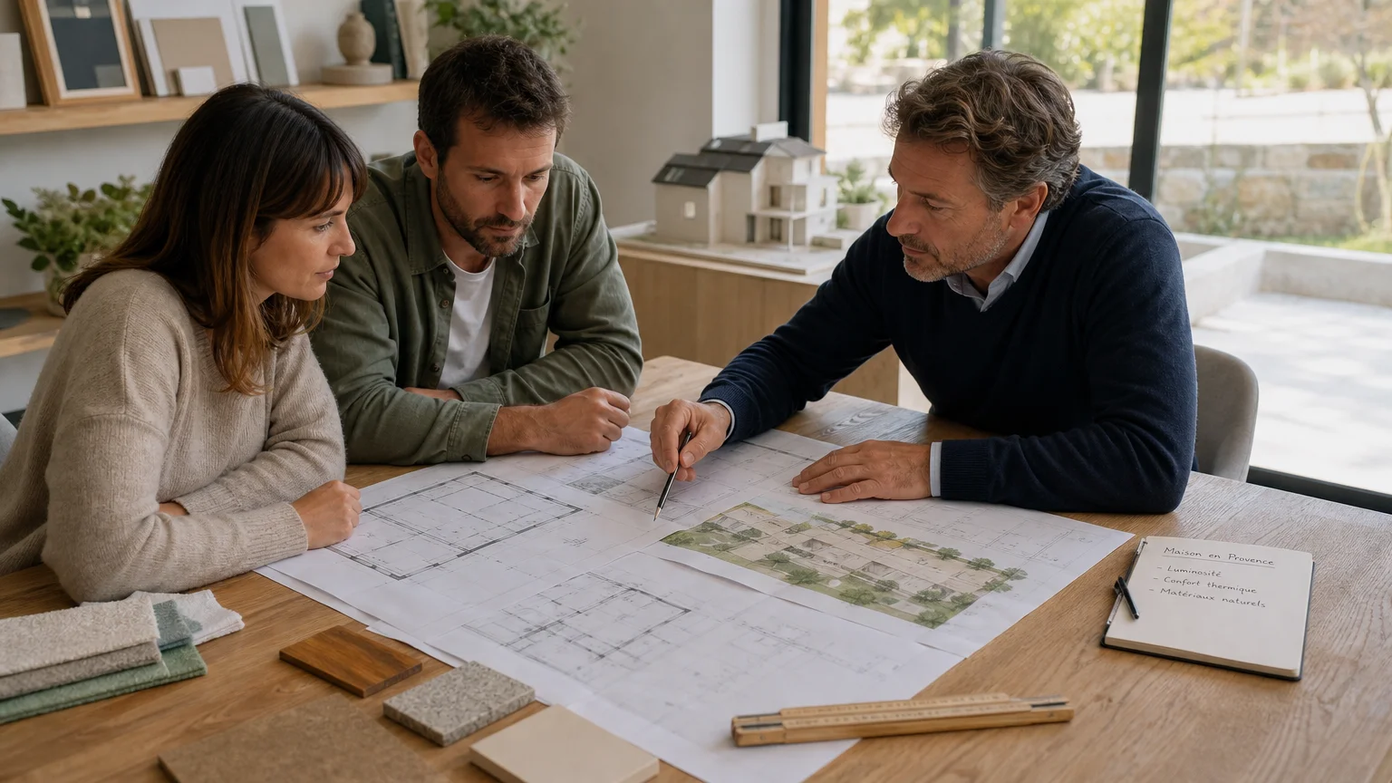Acquéreurs et architecte analysant les plans d’un programme immobilier neuf