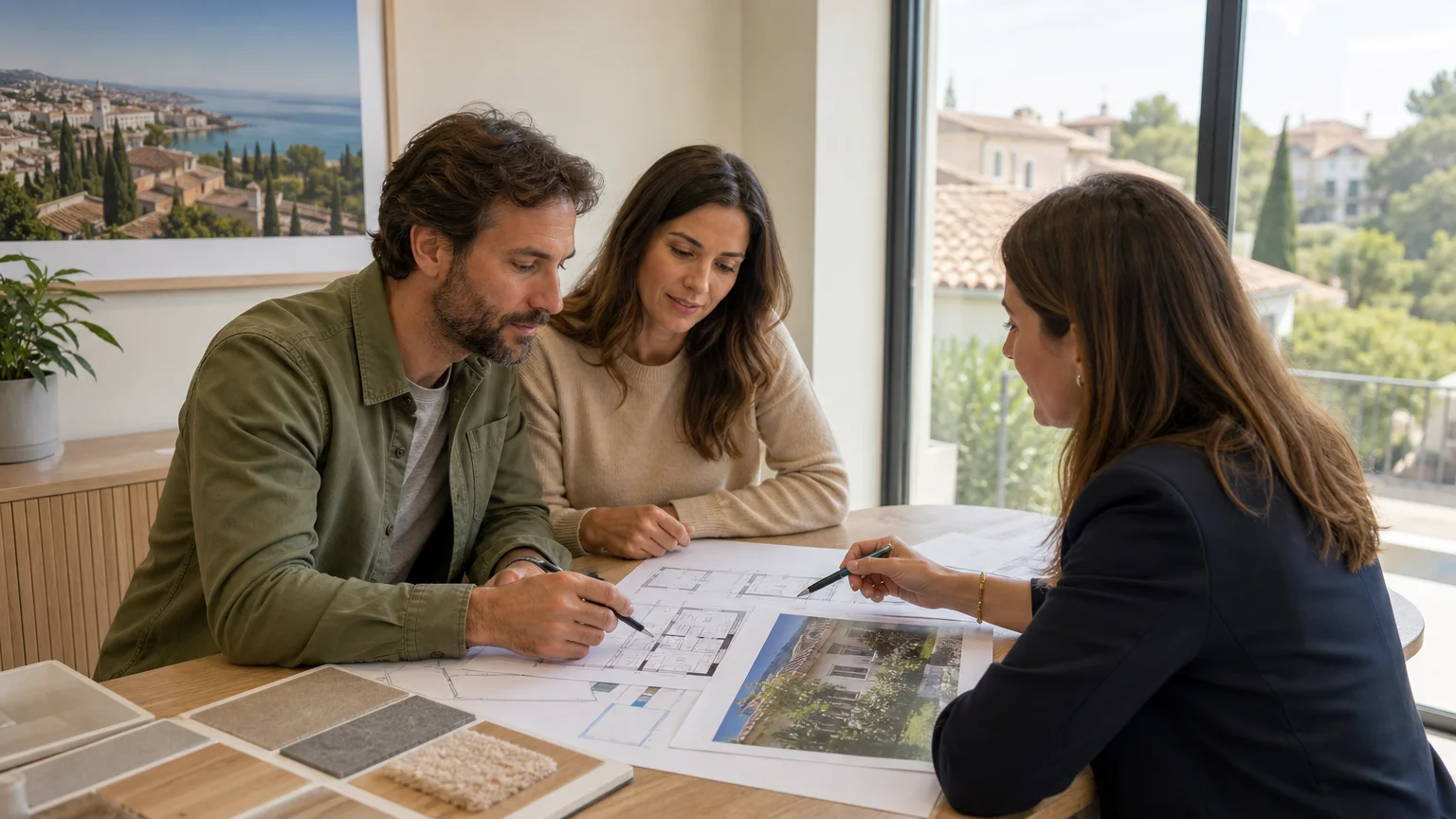 Couple comparant des plans avec une professionnelle de l’immobilier à Fréjus