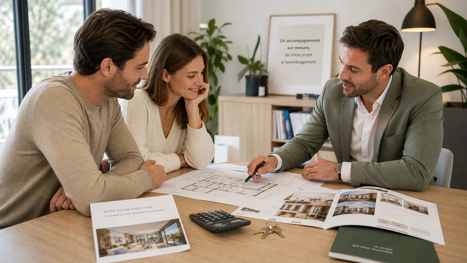 Couple étudiant son financement immobilier avec un conseiller