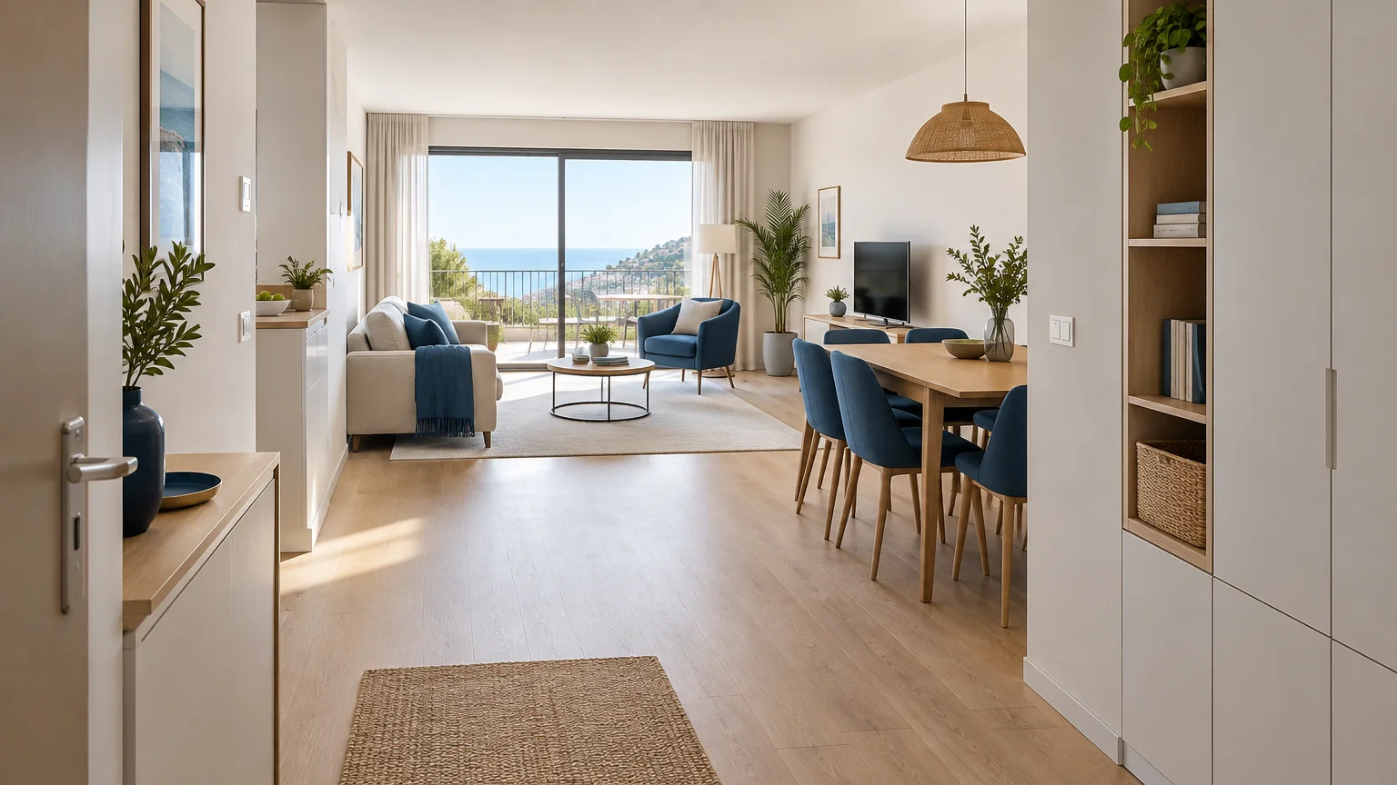 Séjour d’un logement neuf montrant lumière naturelle, circulation et rangements