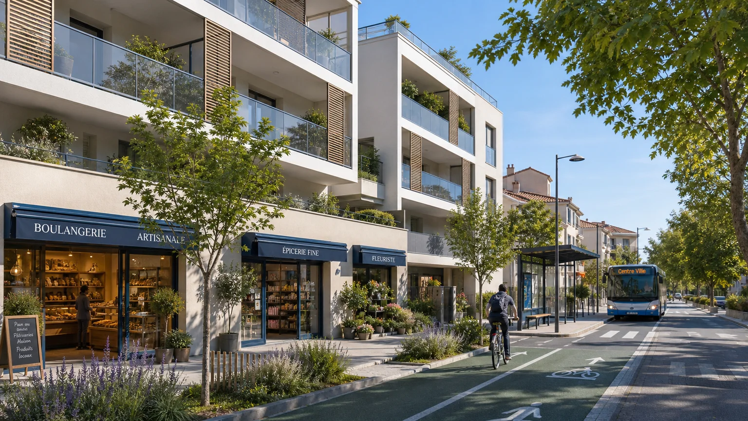 Quartier français avec résidence neuve, commerces et transports de proximité