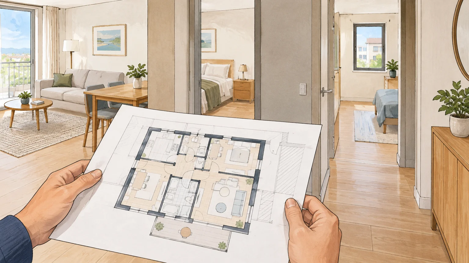 Examen du plan d’un logement neuf pour repérer les pièces mitoyennes