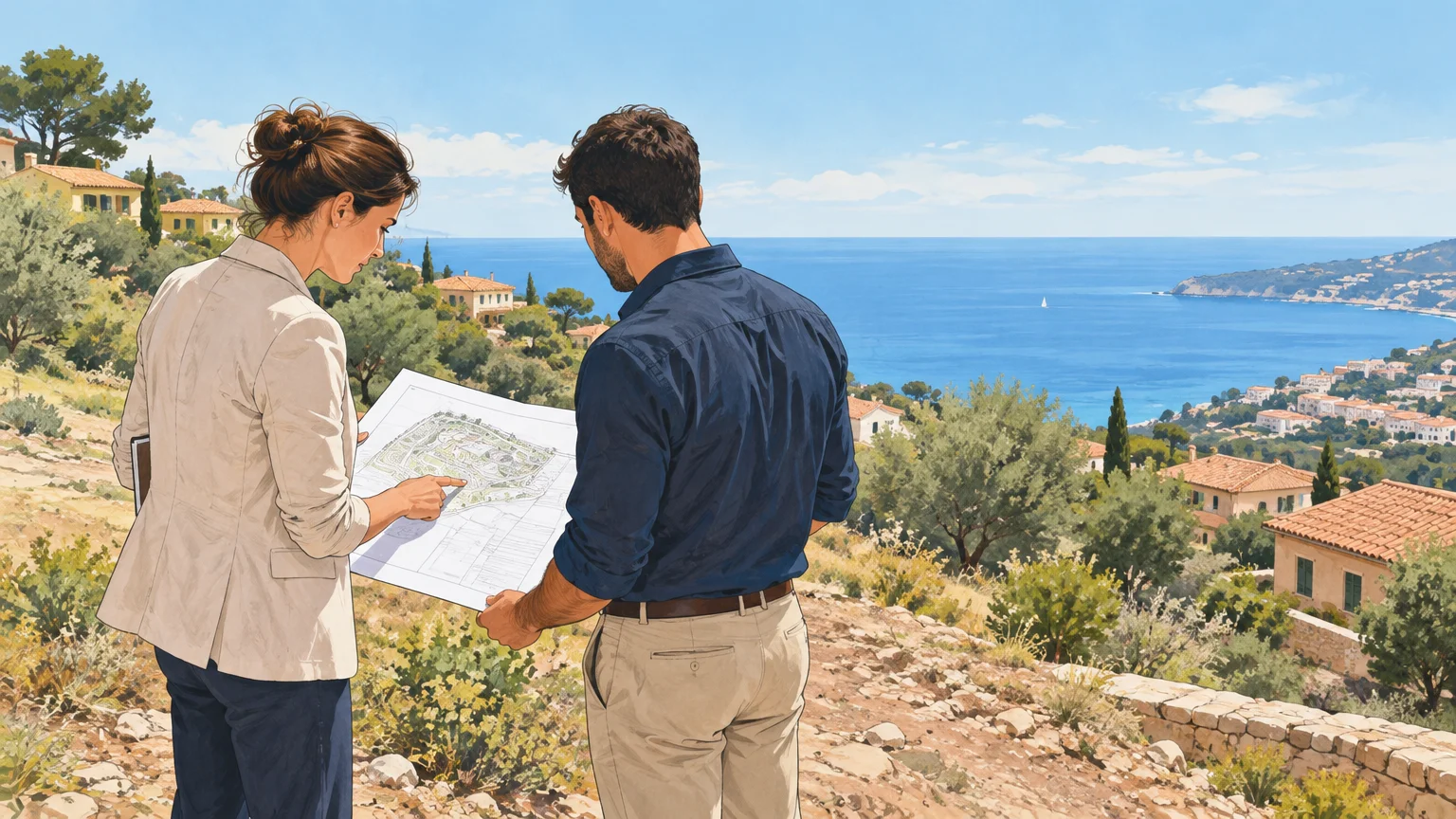 Des professionnels examinent un terrain résidentiel sur la Côte d’Azur