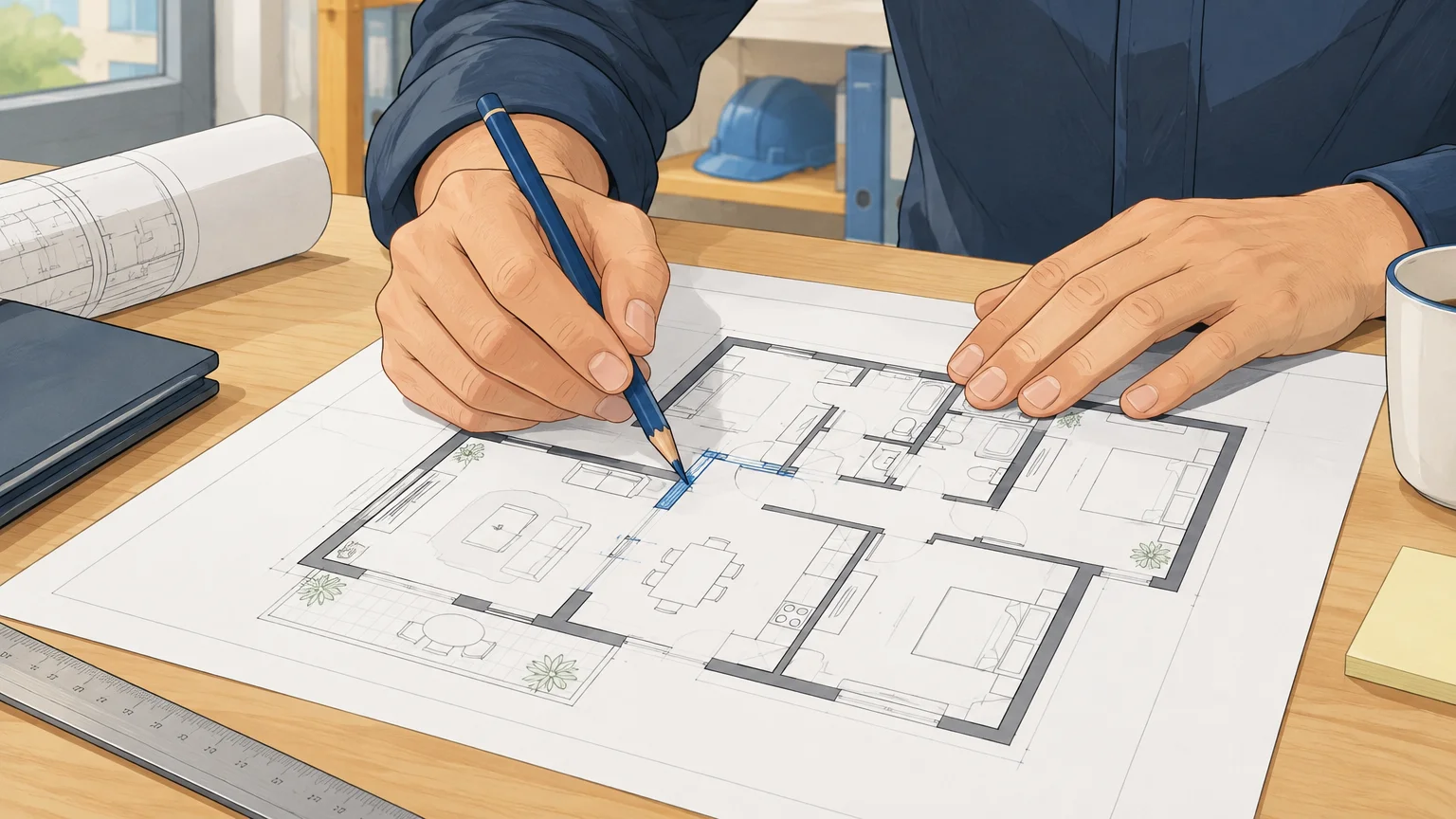 Un acquéreur repère sur un plan la modification souhaitée pour son logement neuf